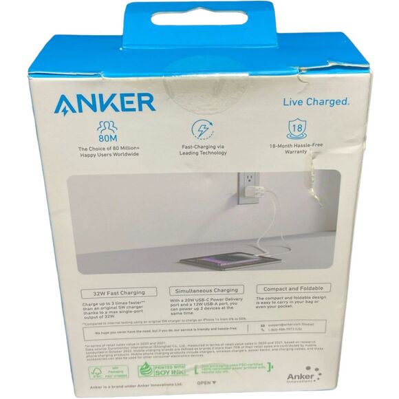 Anker 33W 2-Port Wall Charger USB-C + USB-A Fast PD Quick Charge White 323 - Picture 2 of 7